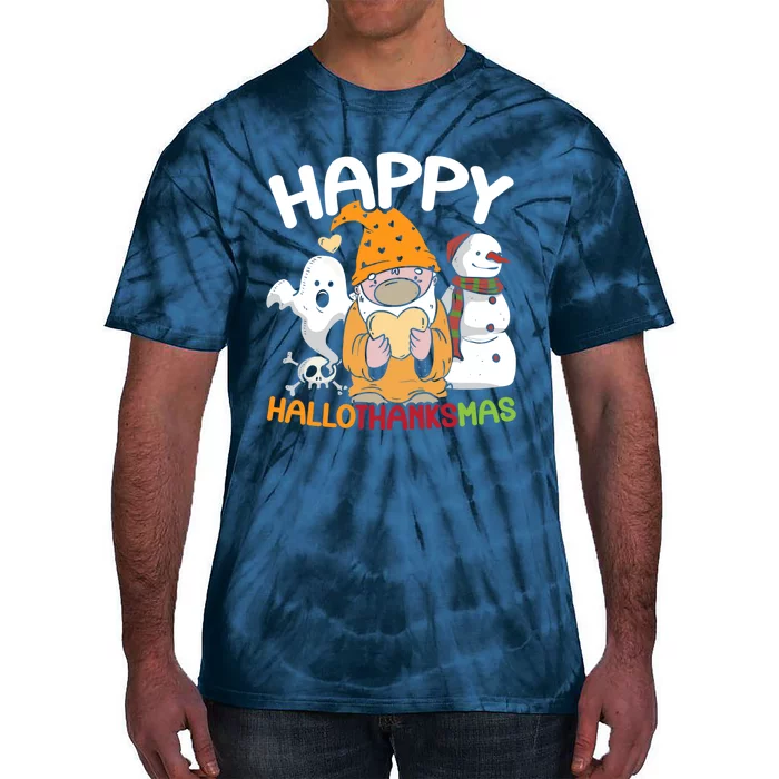 Happy Hallothanksmas Halloween Thanksgiving Christmas Tie-Dye T-Shirt