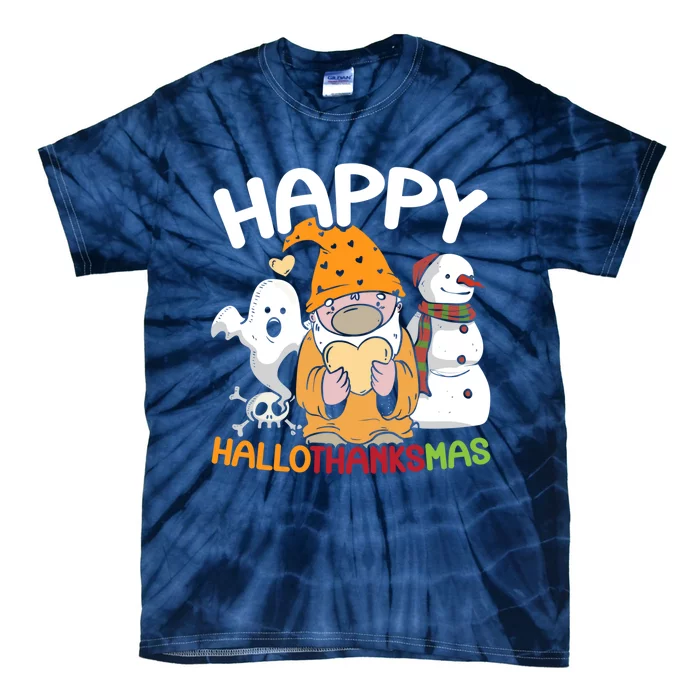 Happy Hallothanksmas Halloween Thanksgiving Christmas Tie-Dye T-Shirt