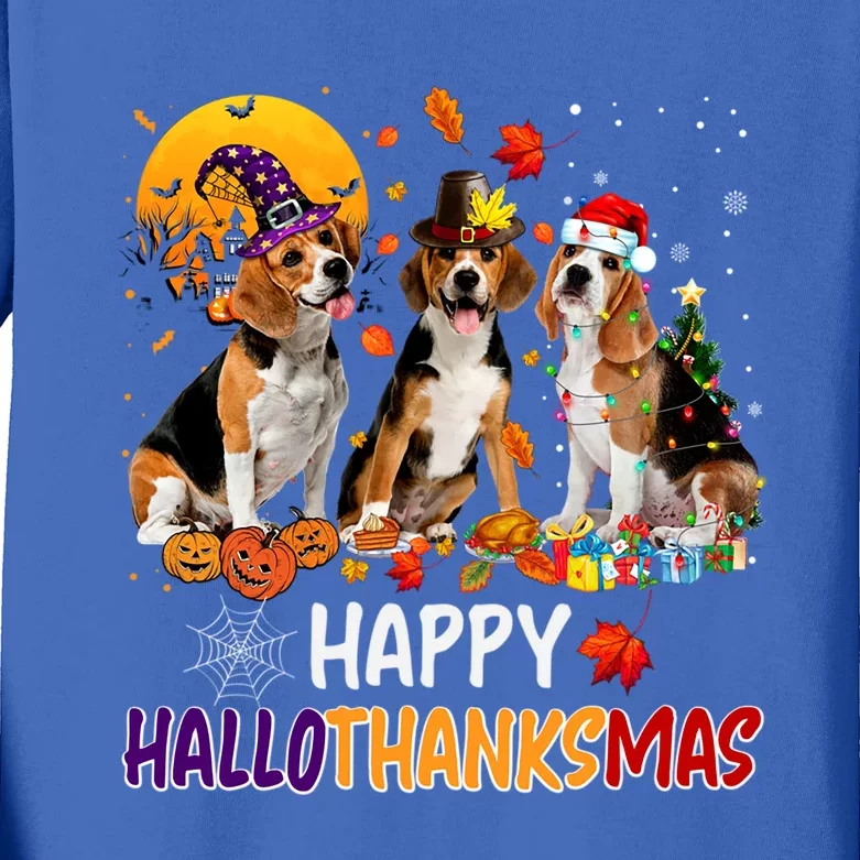 Happy Hallothanksmas Halloween Thanksgiving Christmas Beagle Gift Kids Long Sleeve Shirt