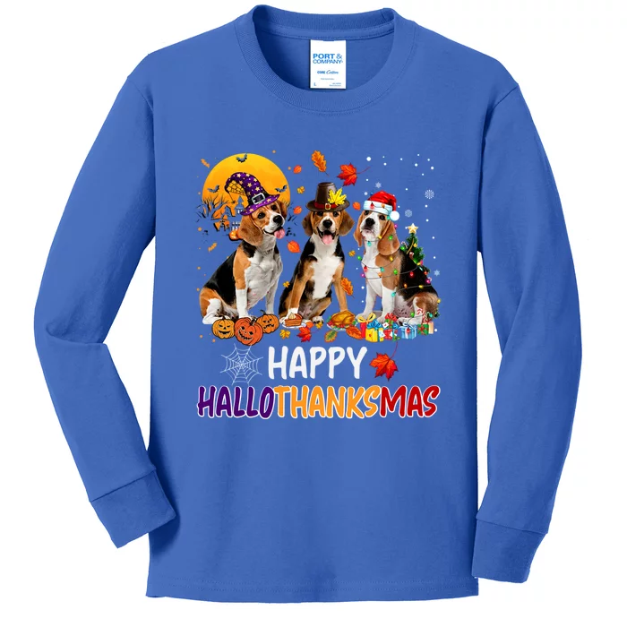 Happy Hallothanksmas Halloween Thanksgiving Christmas Beagle Gift Kids Long Sleeve Shirt