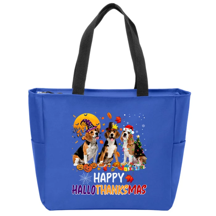 Happy Hallothanksmas Halloween Thanksgiving Christmas Beagle Gift Zip Tote Bag