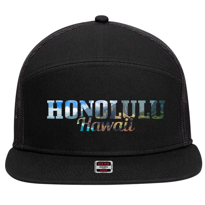 Honolulu Hawaii Hawaiian Islands Surf Surfing Surfer Gift 7 Panel Mesh Trucker Snapback Hat