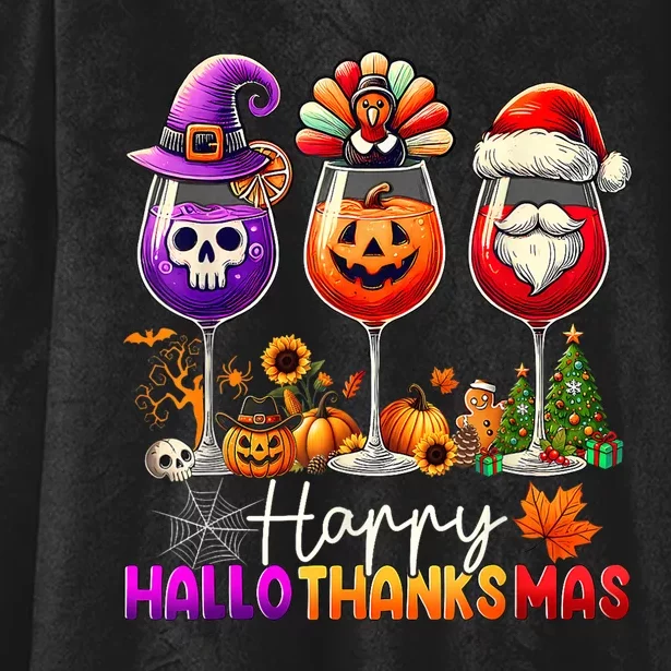 Happy Hallothanksmas Halloween Thanksgiving Christmas Hooded Wearable Blanket