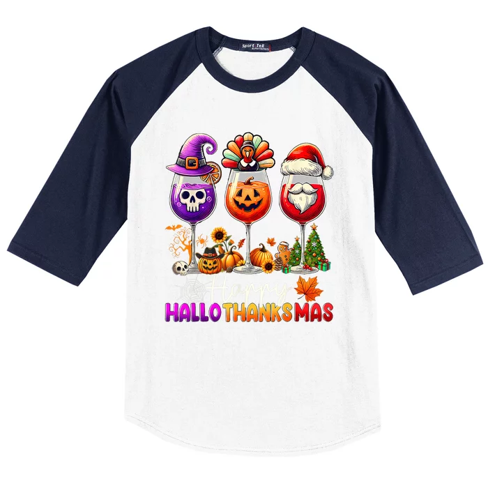 Happy Hallothanksmas Halloween Thanksgiving Christmas Baseball Sleeve Shirt