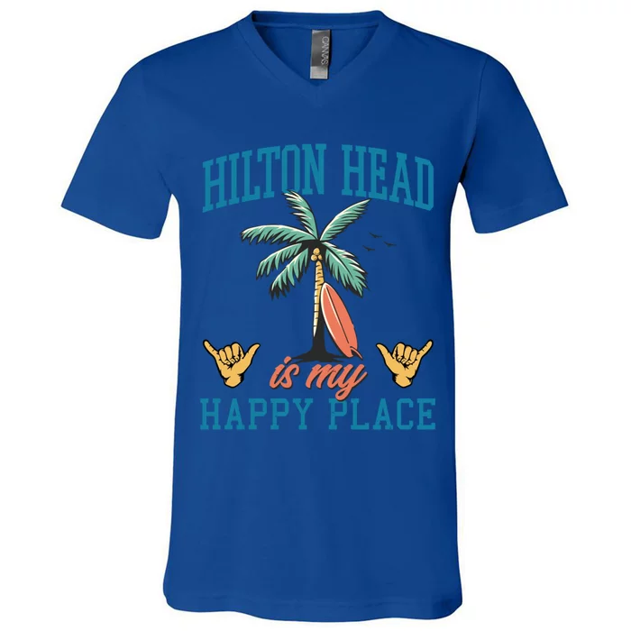 Hilton Head Is My Happy Place Retro Beach Palm Trees Summer Great Gift V-Neck T-Shirt