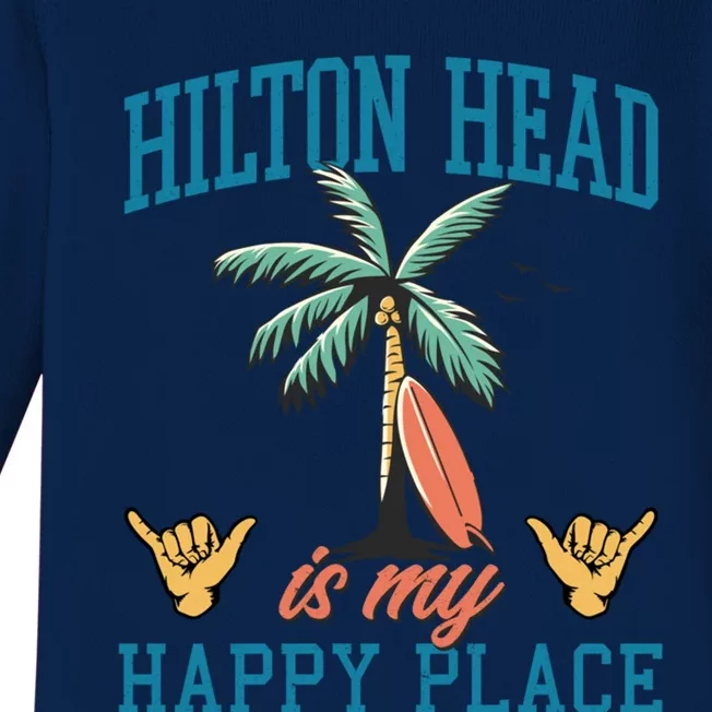 Hilton Head Is My Happy Place Retro Beach Palm Trees Summer Great Gift Baby Long Sleeve Bodysuit