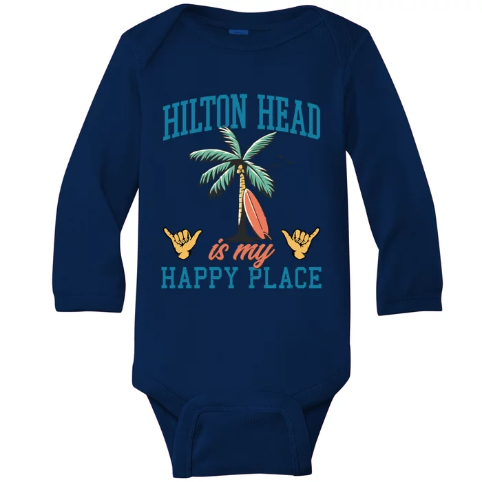 Hilton Head Is My Happy Place Retro Beach Palm Trees Summer Great Gift Baby Long Sleeve Bodysuit