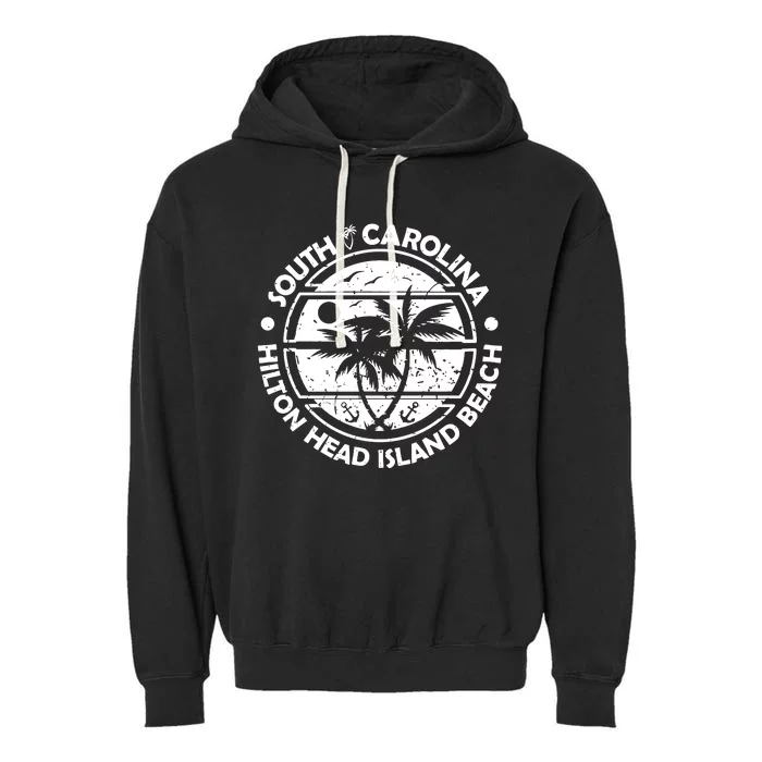 Hilton Head Island Beach South Carolina, Tropical Palm Trees, Ship Anchor Garment-Dyed Fleece Hoodie