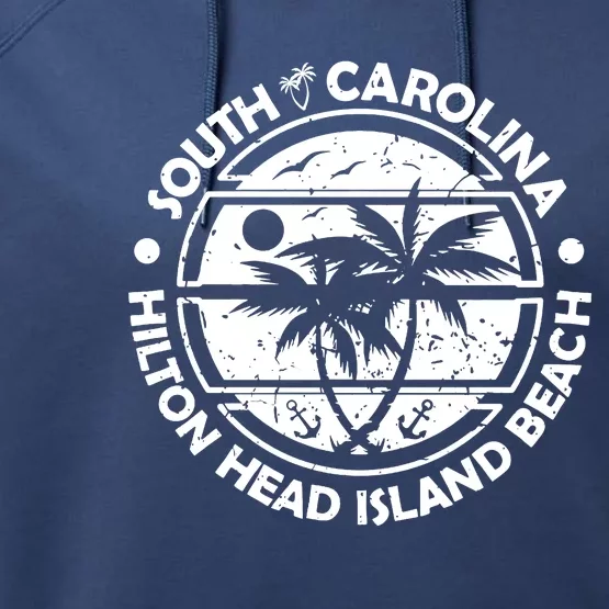 Hilton Head Island Beach South Carolina, Tropical Palm Trees, Ship Anchor Performance Fleece Hoodie