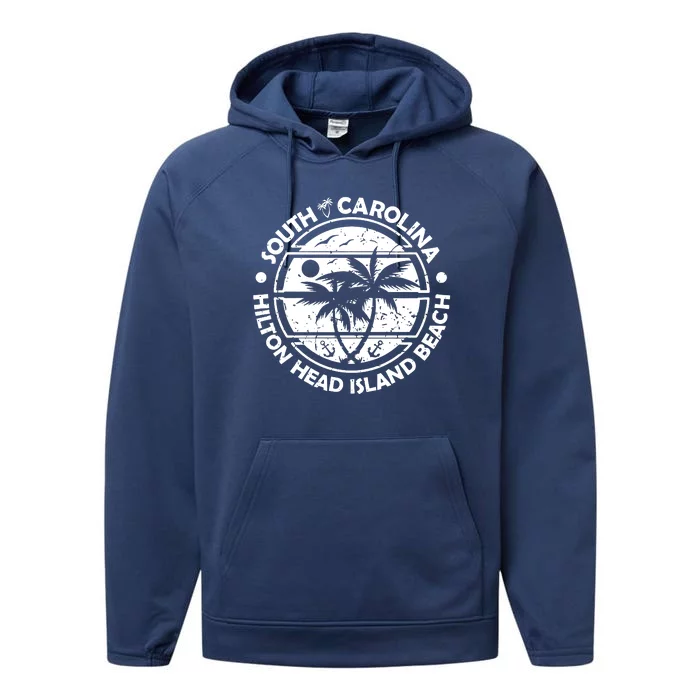 Hilton Head Island Beach South Carolina, Tropical Palm Trees, Ship Anchor Performance Fleece Hoodie