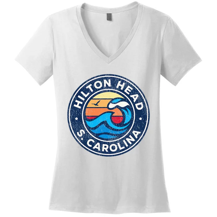 Hilton Head Island South Carolina Sc Vintage Nautical Waves Women's V-Neck T-Shirt