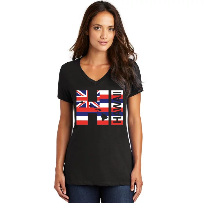 Hi Hawaii Islands Hawaiian Flag Beach Women's V-Neck T-Shirt