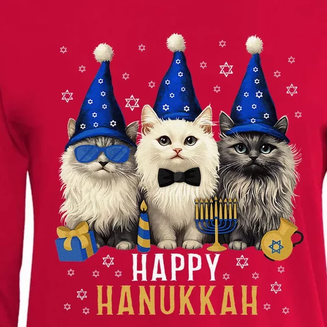 Happy Hanukcat Jewish Holiday Funny Hanukkah Cat Lover Womens Cotton Relaxed Long Sleeve T-Shirt