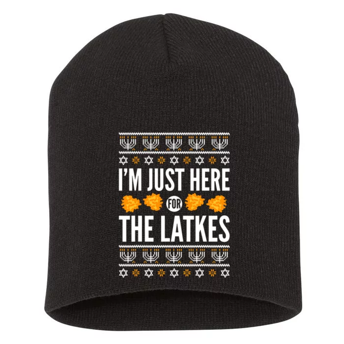 Happy Hanukkah Just Here For Latkes Hebrew Jewish Holiday Short Acrylic Beanie