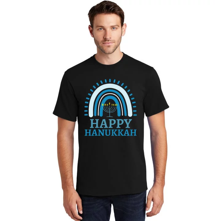 Happy Hanukkah Jewish Blue Rainbow Menorah Chanukah Tall T-Shirt