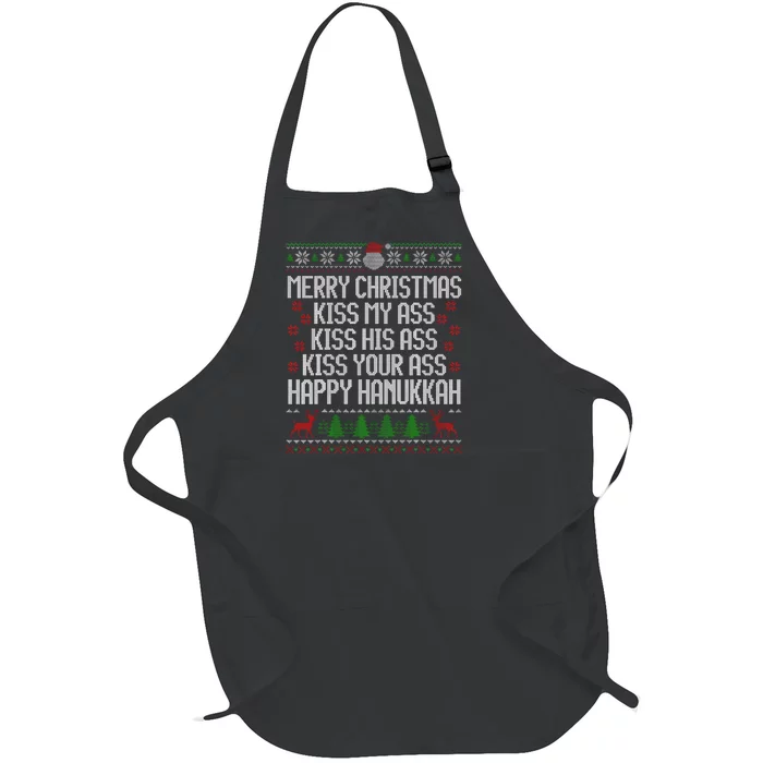 Happy Hanukkah Kiss My Ass His Ass Your Ass Merry Christmas Full-Length Apron With Pocket