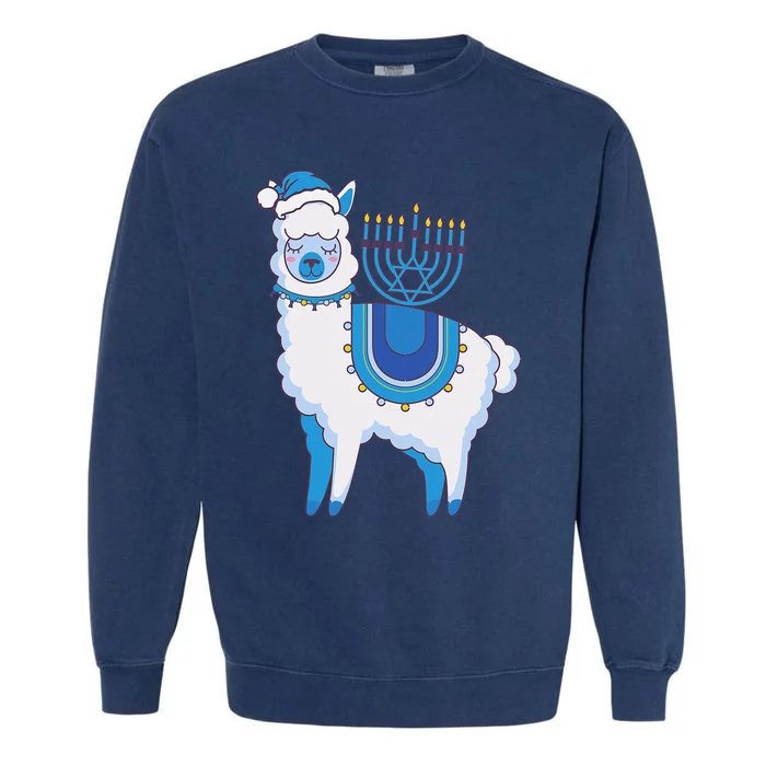 Happy Hanukkah Llamakkah Llama Menorah Alpaca Jewish Holiday Garment-Dyed Sweatshirt