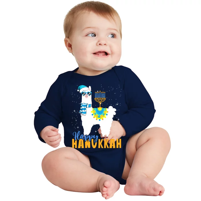 Happy Hanukkah Llama Cute Alpaca Chanukah Baby Long Sleeve Bodysuit