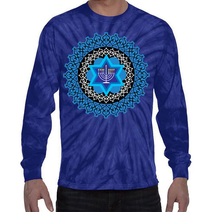 Happy Hanukkah Mandalla Star Of David Menorah Tie-Dye Long Sleeve Shirt