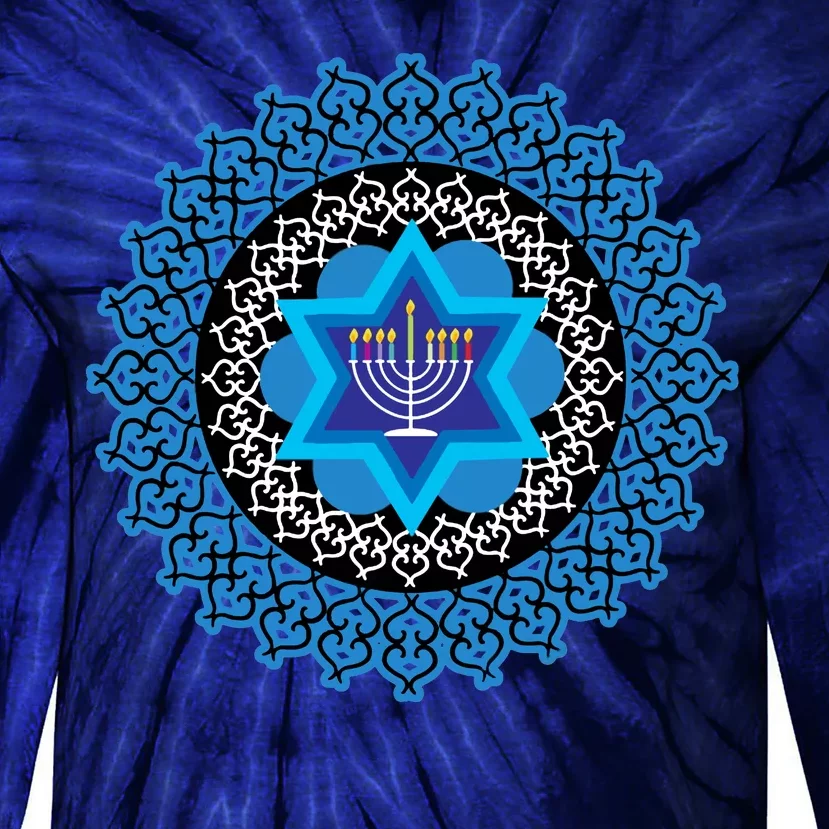 Happy Hanukkah Mandalla Star Of David Menorah Tie-Dye Long Sleeve Shirt