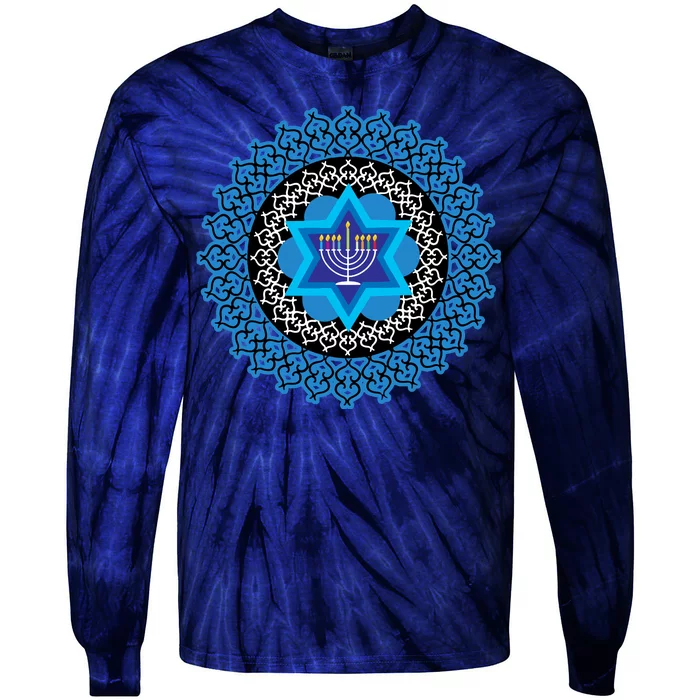 Happy Hanukkah Mandalla Star Of David Menorah Tie-Dye Long Sleeve Shirt