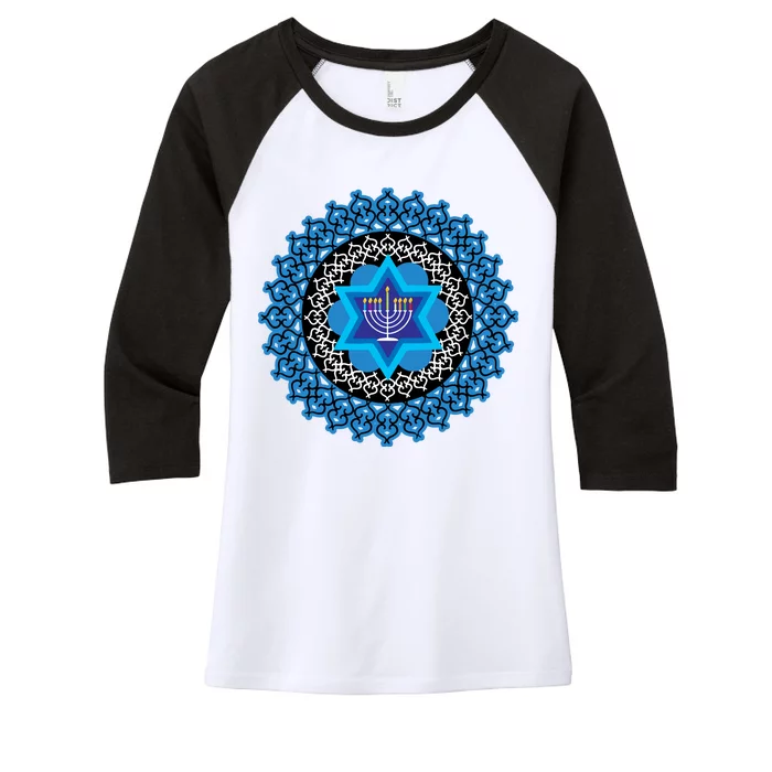 Happy Hanukkah Mandalla Star Of David Menorah Women's Tri-Blend 3/4-Sleeve Raglan Shirt