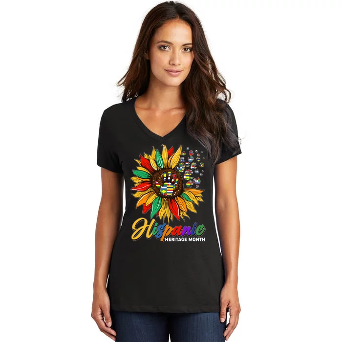 Hispanic Heritage Month Sunflowers Flags Women's V-Neck T-Shirt