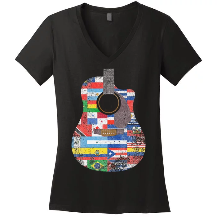 Hispanic Heritage Month All Countries Retro Acoustic Guitar Women's V-Neck T-Shirt