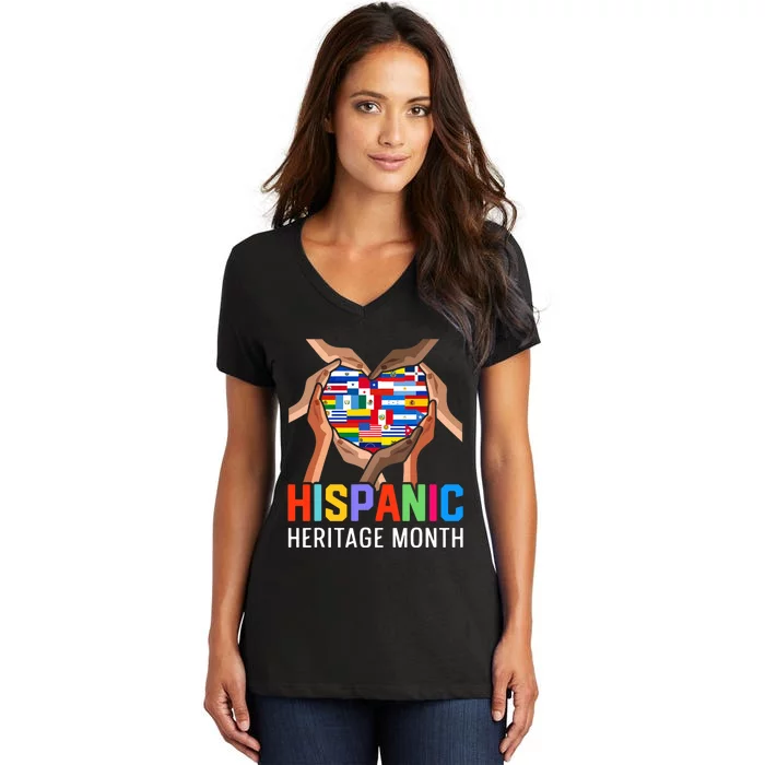 Hispanic Heritage Month All Countries Heart Hands Women's V-Neck T-Shirt