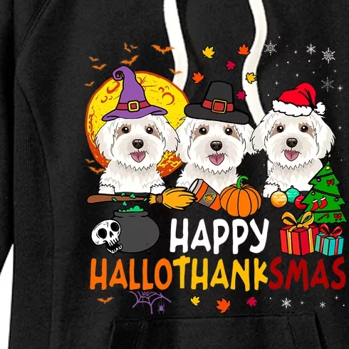 Happy Hallothanksmas Maltese Dog Halloween Thanksgiving Xmas Women's Fleece Hoodie