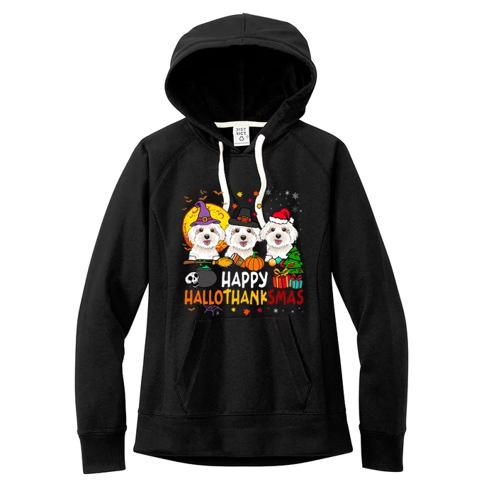 Happy Hallothanksmas Maltese Dog Halloween Thanksgiving Xmas Women's Fleece Hoodie