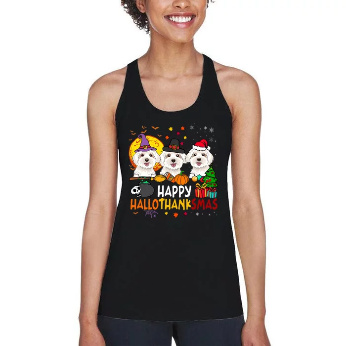 Happy Hallothanksmas Maltese Dog Halloween Thanksgiving Xmas Women's Racerback Tank