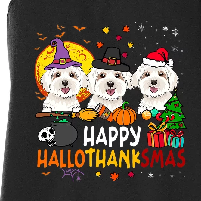 Happy Hallothanksmas Maltese Dog Halloween Thanksgiving Xmas Women's Racerback Tank