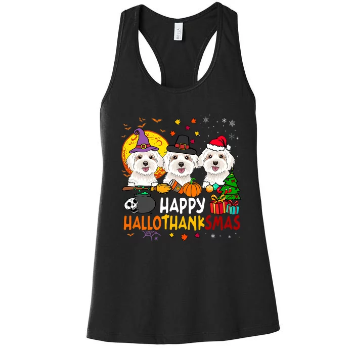 Happy Hallothanksmas Maltese Dog Halloween Thanksgiving Xmas Women's Racerback Tank