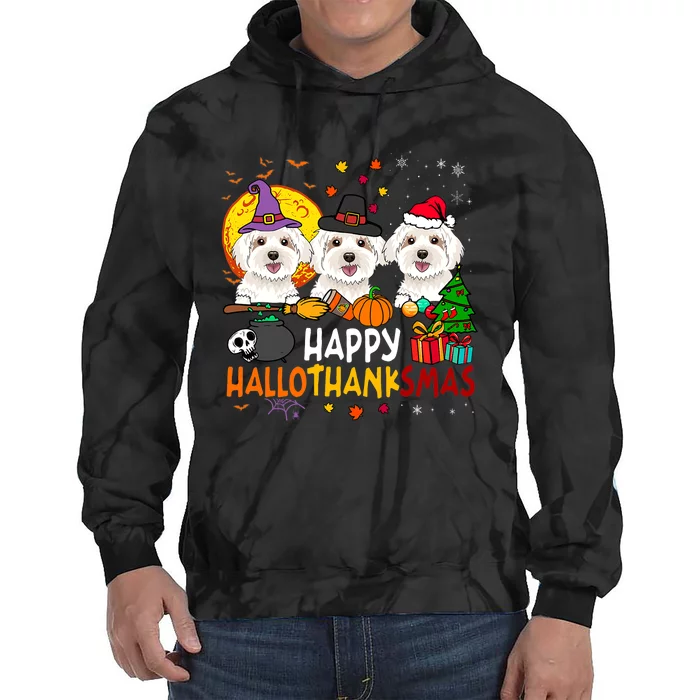 Happy Hallothanksmas Maltese Dog Halloween Thanksgiving Xmas Tie Dye Hoodie