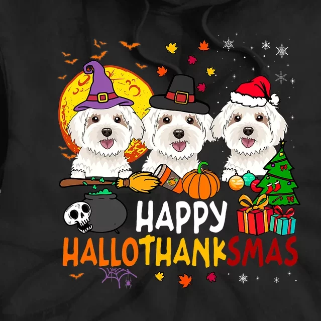 Happy Hallothanksmas Maltese Dog Halloween Thanksgiving Xmas Tie Dye Hoodie