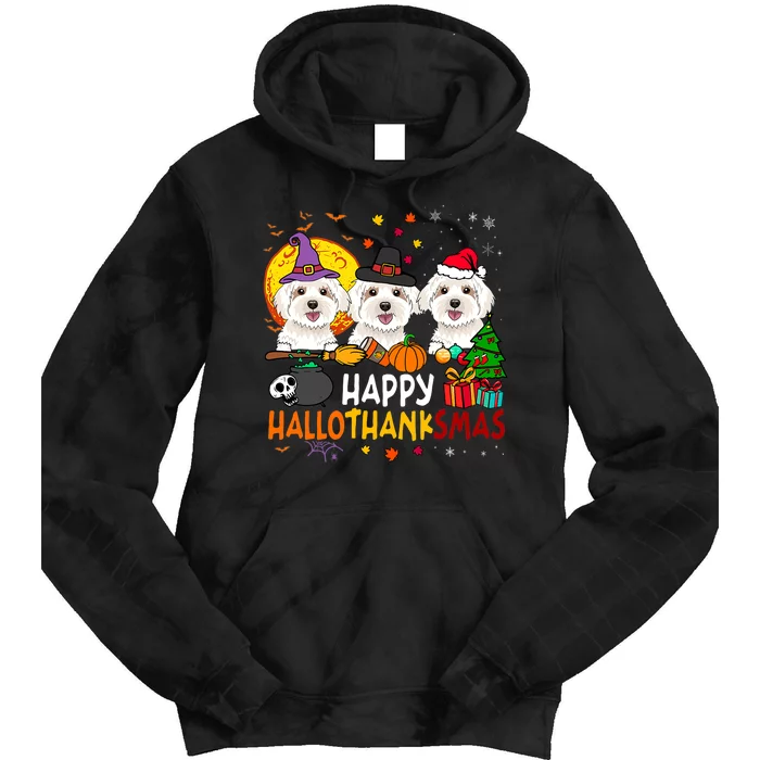 Happy Hallothanksmas Maltese Dog Halloween Thanksgiving Xmas Tie Dye Hoodie