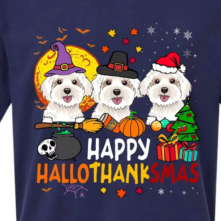 Happy Hallothanksmas Maltese Dog Halloween Thanksgiving Xmas Sueded Cloud Jersey T-Shirt