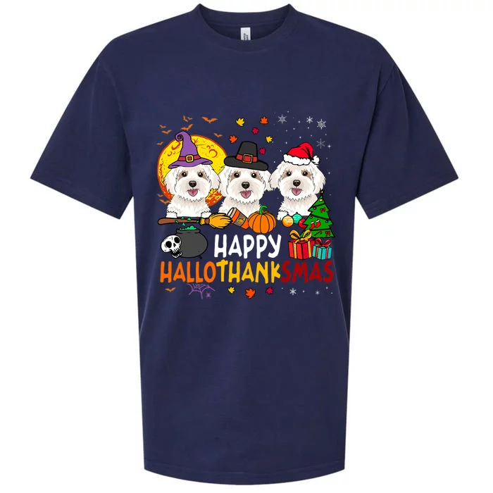 Happy Hallothanksmas Maltese Dog Halloween Thanksgiving Xmas Sueded Cloud Jersey T-Shirt