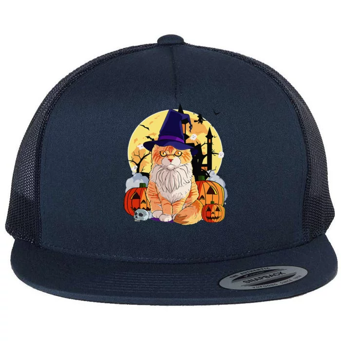 Happy Halloween Maine Coon Cat Witch Pumpkin Flat Bill Trucker Hat