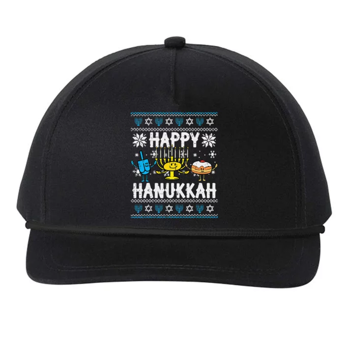 Happy Hanukkah Menorah Dreidel Ugly Chanukah Snapback Five-Panel Rope Hat