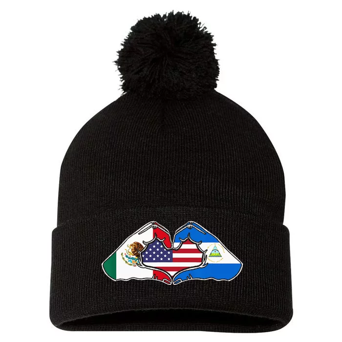 Heart Hands Mexico Nicaragua And The USA. Pom Pom 12in Knit Beanie