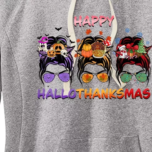 Happy Hallothanksmas Messy Bun Halloween Thanksgiving Xmas Women's Fleece Hoodie