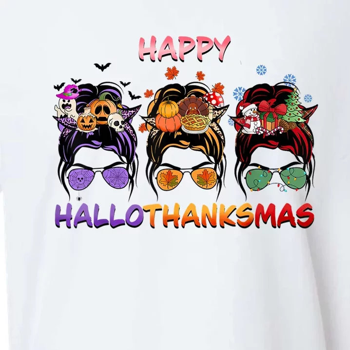 Happy Hallothanksmas Messy Bun Halloween Thanksgiving Xmas Sueded Cloud Jersey T-Shirt