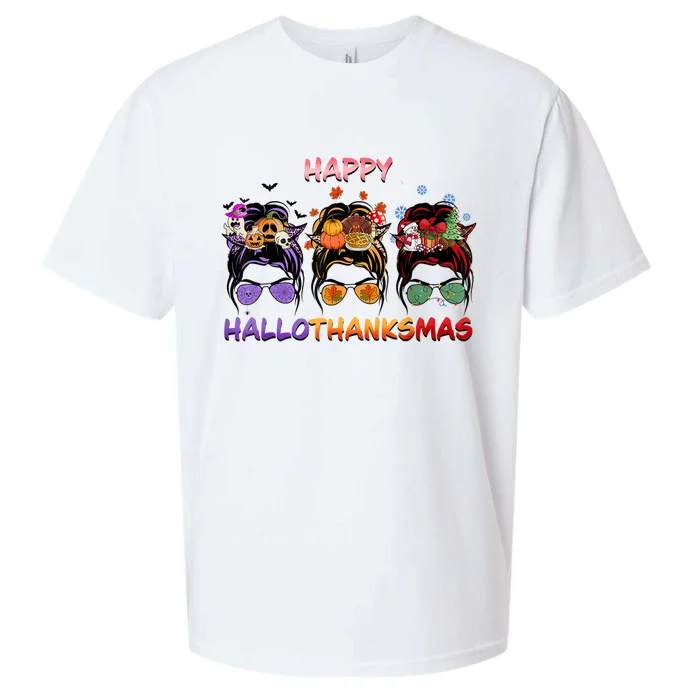 Happy Hallothanksmas Messy Bun Halloween Thanksgiving Xmas Sueded Cloud Jersey T-Shirt