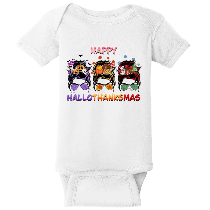 Happy Hallothanksmas Messy Bun Halloween Thanksgiving Xmas Baby Bodysuit