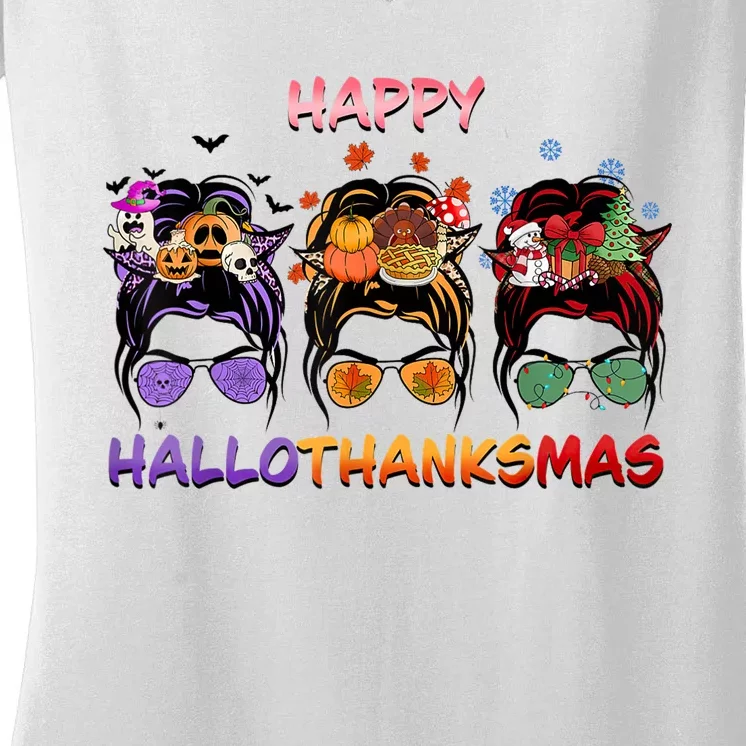 Happy Hallothanksmas Messy Bun Halloween Thanksgiving Xmas Women's V-Neck T-Shirt