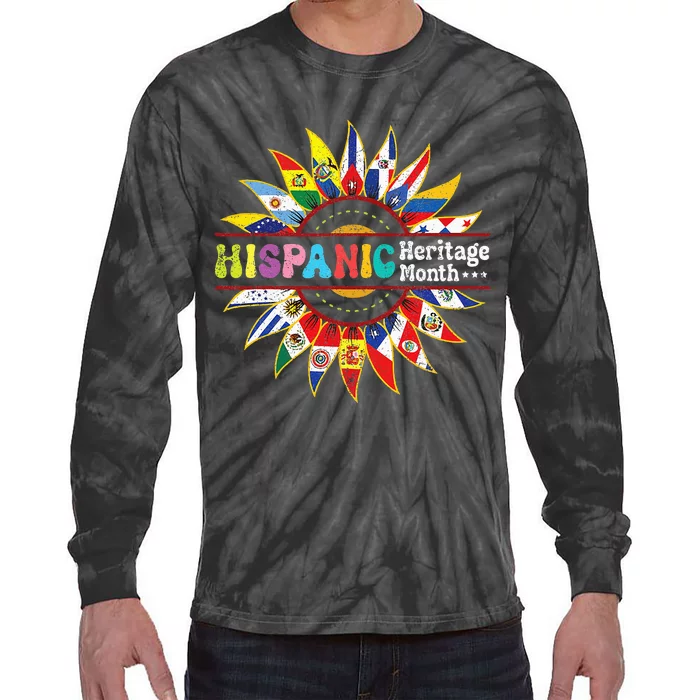 Hispanic Heritage Month Latino Countries Flags Sunflower Tie-Dye Long Sleeve Shirt