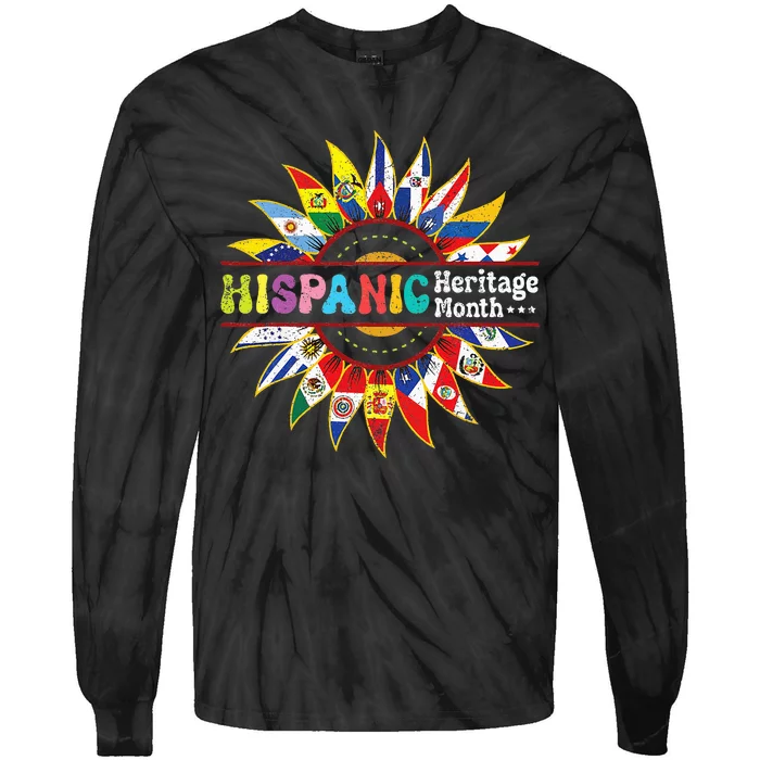 Hispanic Heritage Month Latino Countries Flags Sunflower Tie-Dye Long Sleeve Shirt