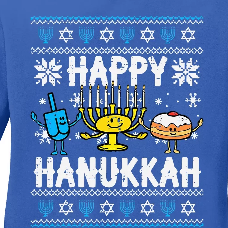 Happy Hanukkah Menorah Dreidel Ugly Chanukah Ladies Long Sleeve Shirt